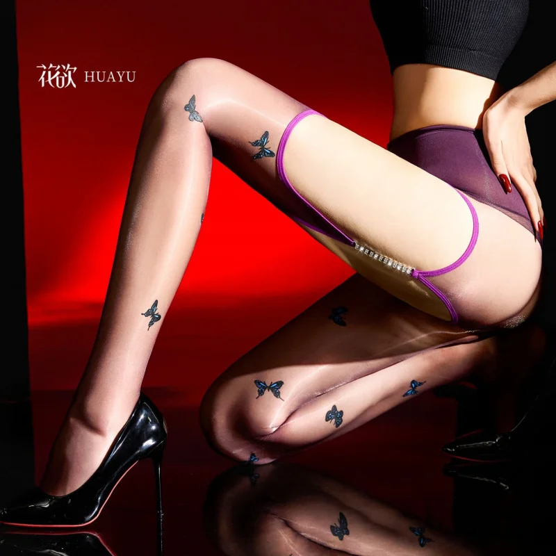 

Aurora Dreamweaver Butterfly Diamond Chain Strap Seamless Crotch Glossy Aurora Ultra-thin Stockings Sexy Black Silk