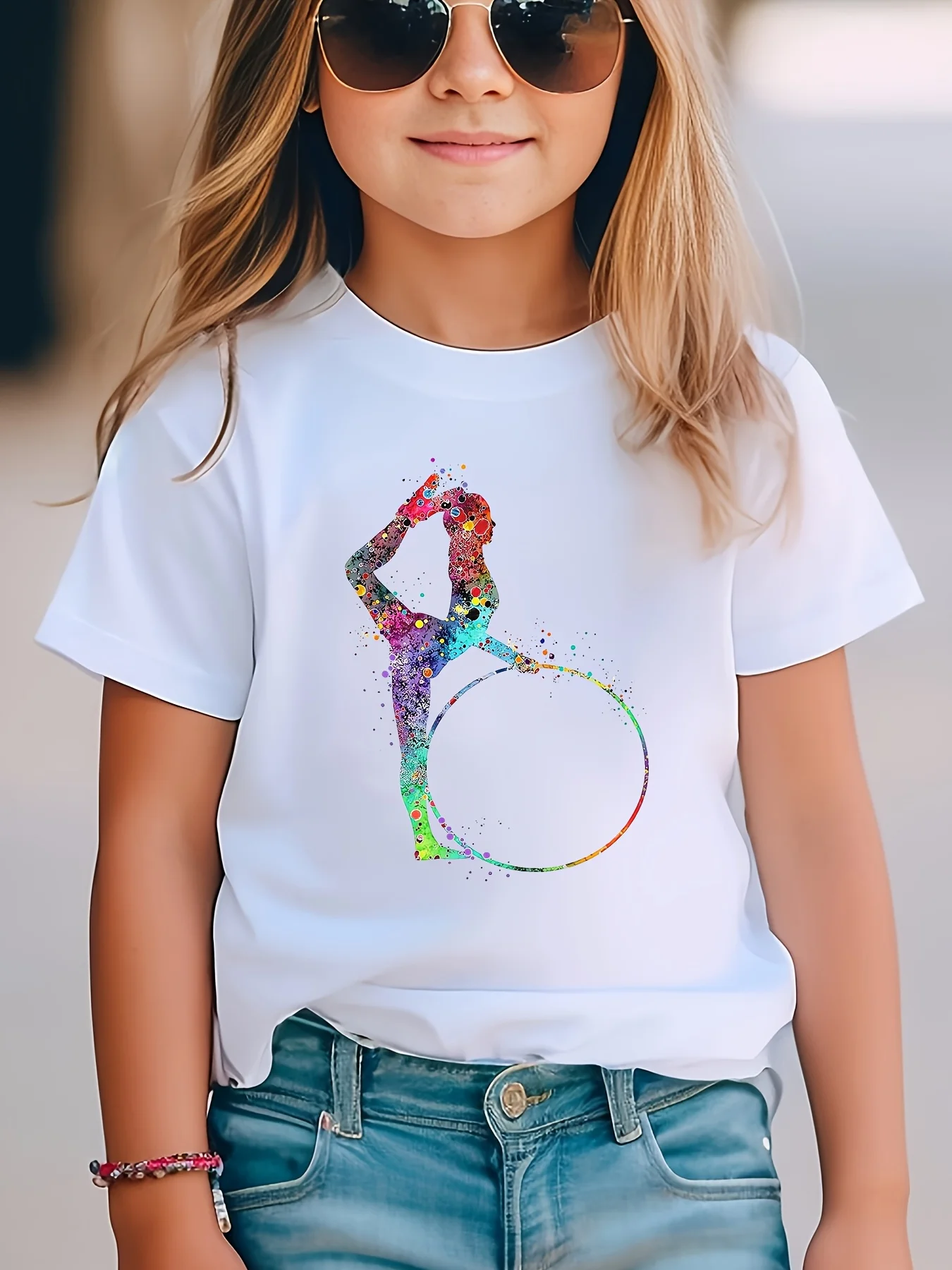 Kids Colorful Splatter Art Gymnast Hoop Graphic Tee Boys Girls Family Matching Short Sleeve Sport Art Casual Daily T Shirt