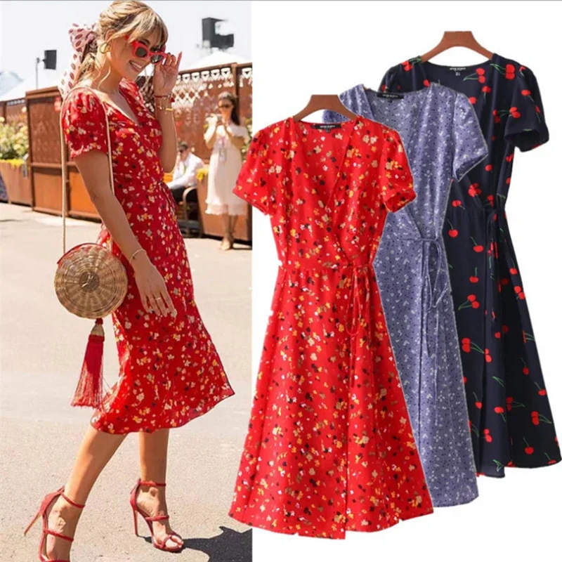 

Floral Print A Line Dress Summer V-Neck Wrap Bow Tie Split Dress Casual Dresses