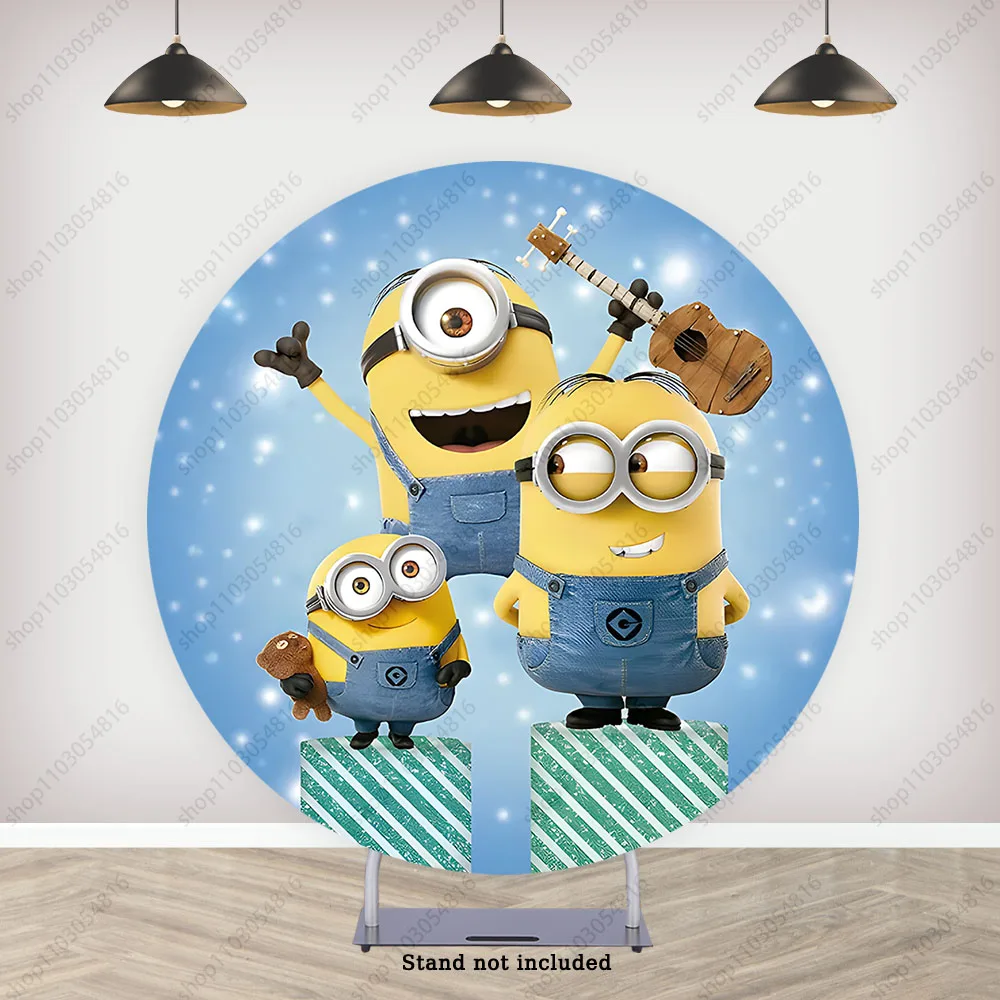 Minions รอบฉากหลังสำหรับวันเกิดสำหรับเด็กทารกที่อาบน้ำสีเหลืองสีฟ้ารูปภาพวงกลมยืดหยุ่นภาพพื้นหลัง