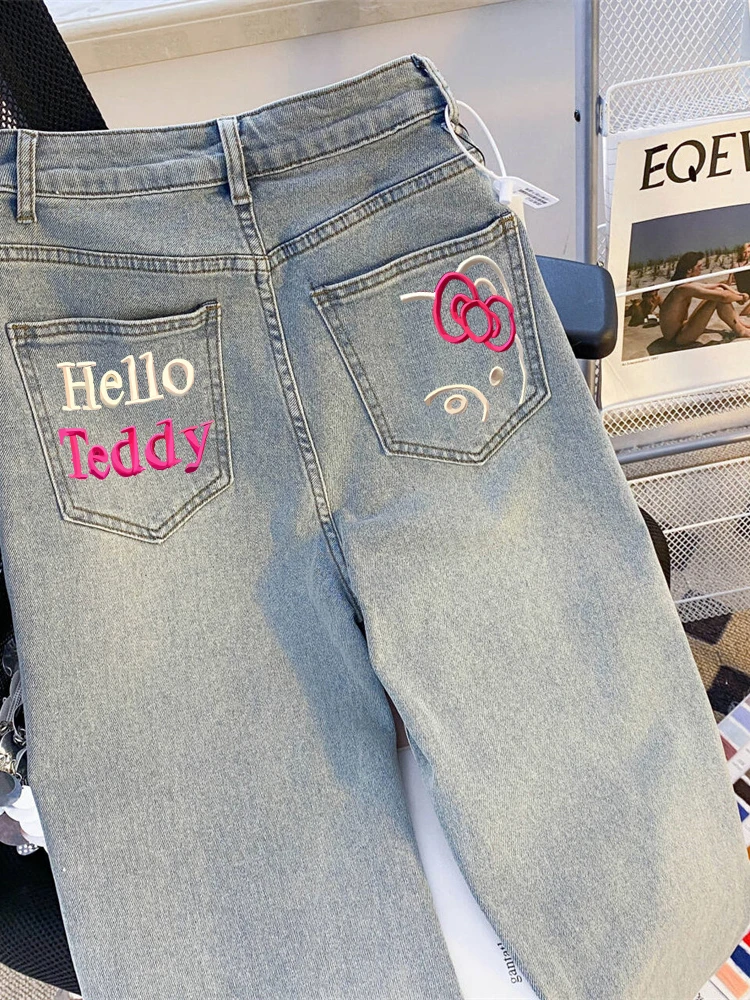 

Винтажные прямые джинсы с высокой талией и принтом для мужчин и женщин, летние свободные широкие брюки с ленивым принтом, устойчивые к морщинам