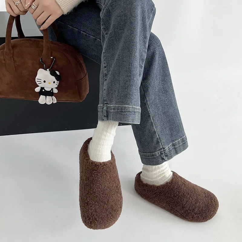 Fashion beige fluffy slippers women's 2024 new autumn and winter outer wear soft-bottomed cotton slippers