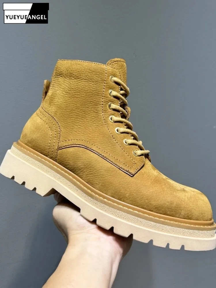 Mens Winter High Top Warm Fleece Lining Work Safety Shoes Thick Platform Lace Up  Motorcycle Riding Genuine Leather Ankle Boots