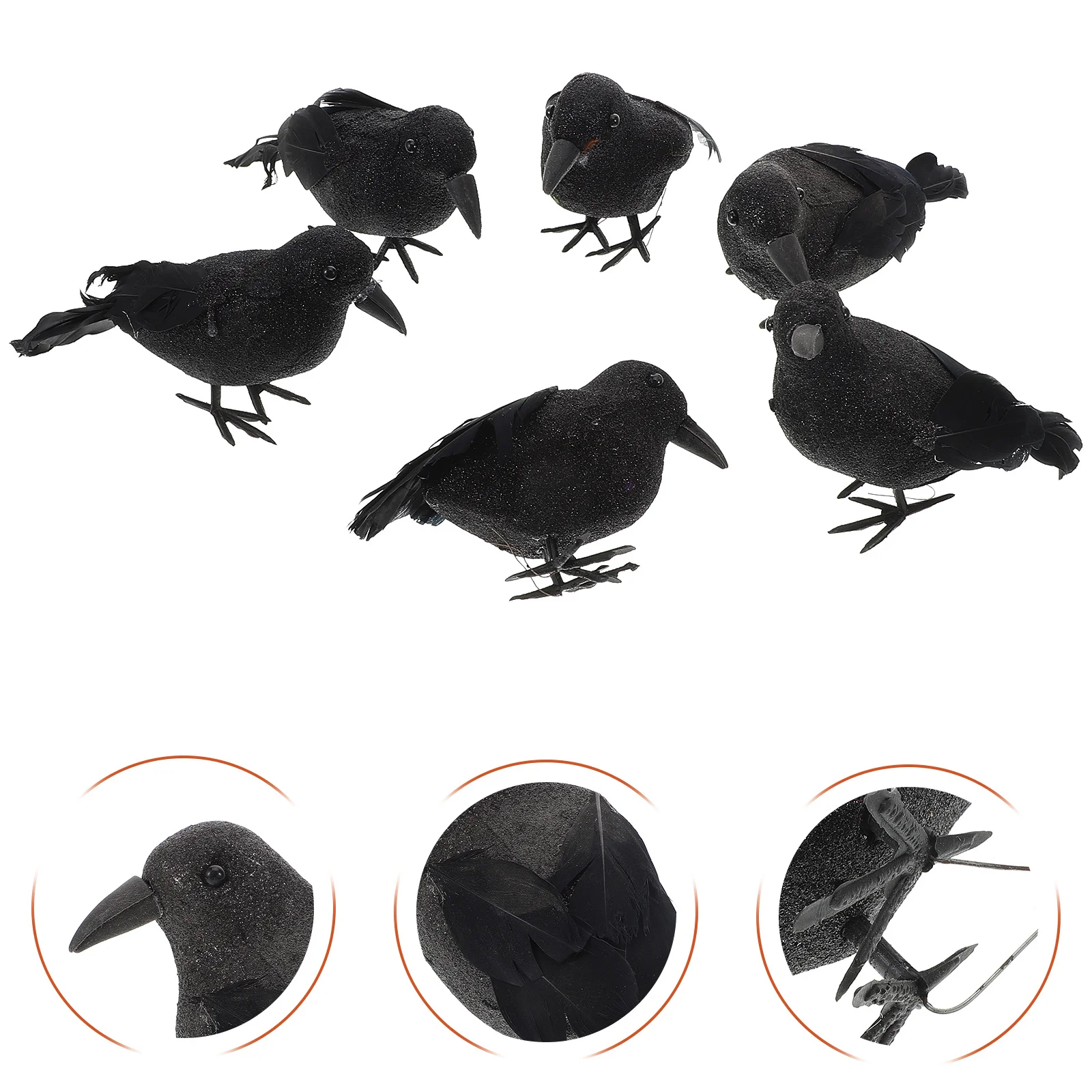 

6Pcs Halloween Crow Ornament Detailed Plume Finish Crows for Party Photo Prop Scary Decor Festival Accessories