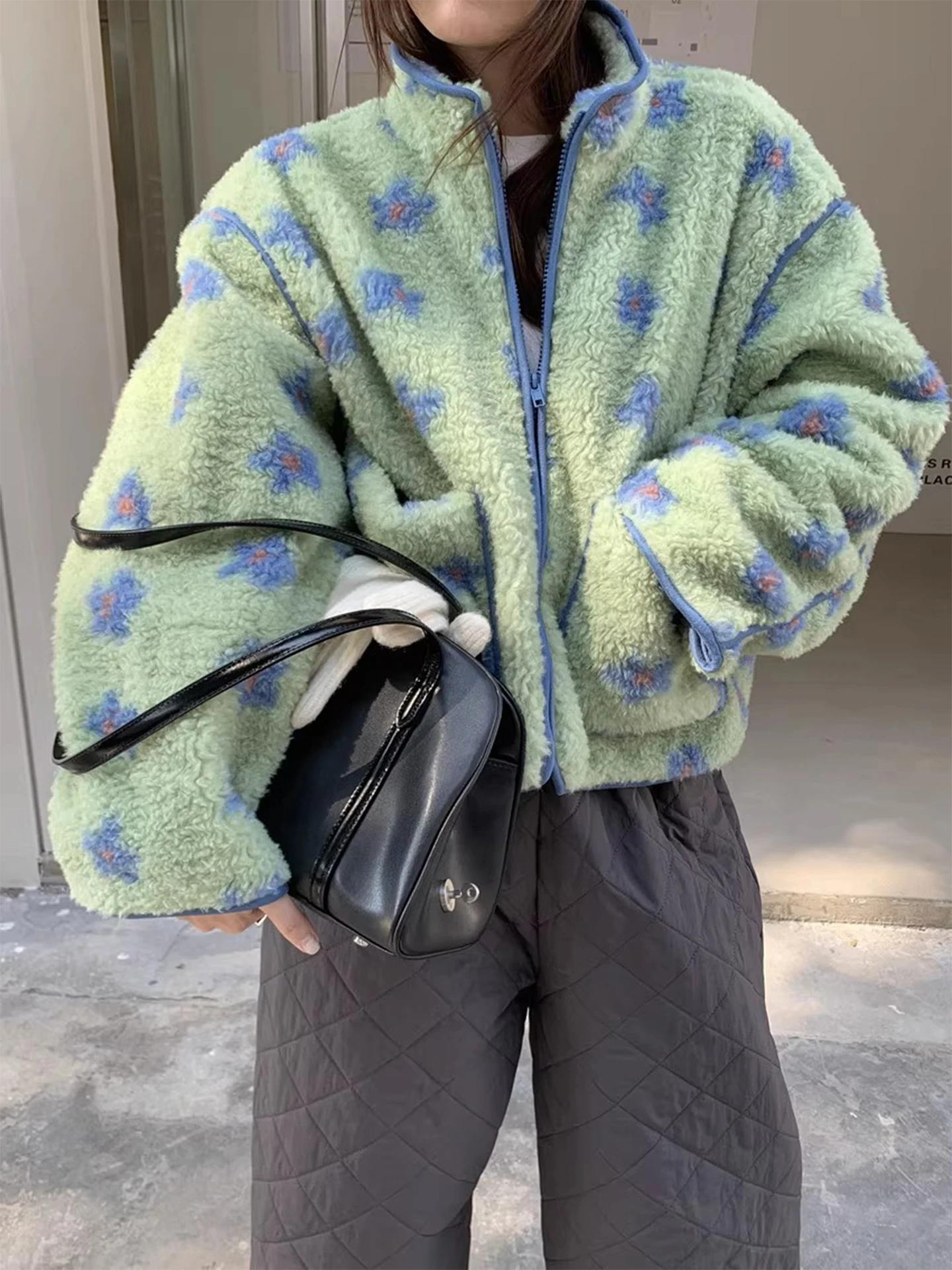 

Retro Contrast Color Floral Fce Lamb Fur Jaet Women's Thiened Cotton Warm Winter New Sle ort Outerwear Coat