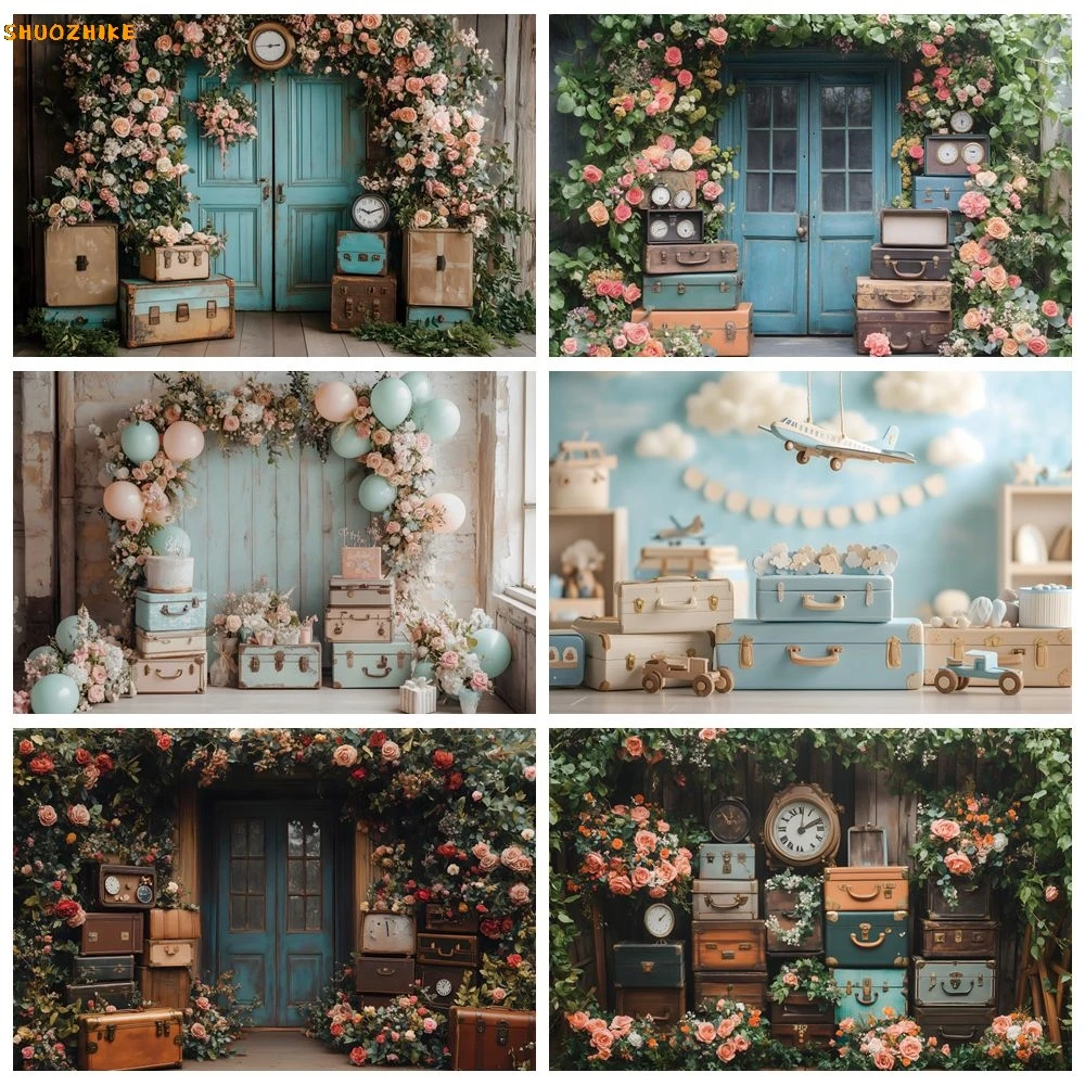 

Flowers Suitcase Backdrop Vintage Wall Wood Door Interior Room Baby Kids Birthday Party Decor Portrait Photography Background