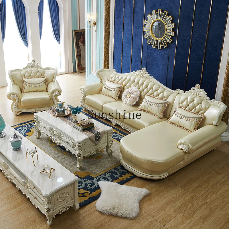 

European leather sofa living room corner size apartment solid wood furniture combination set