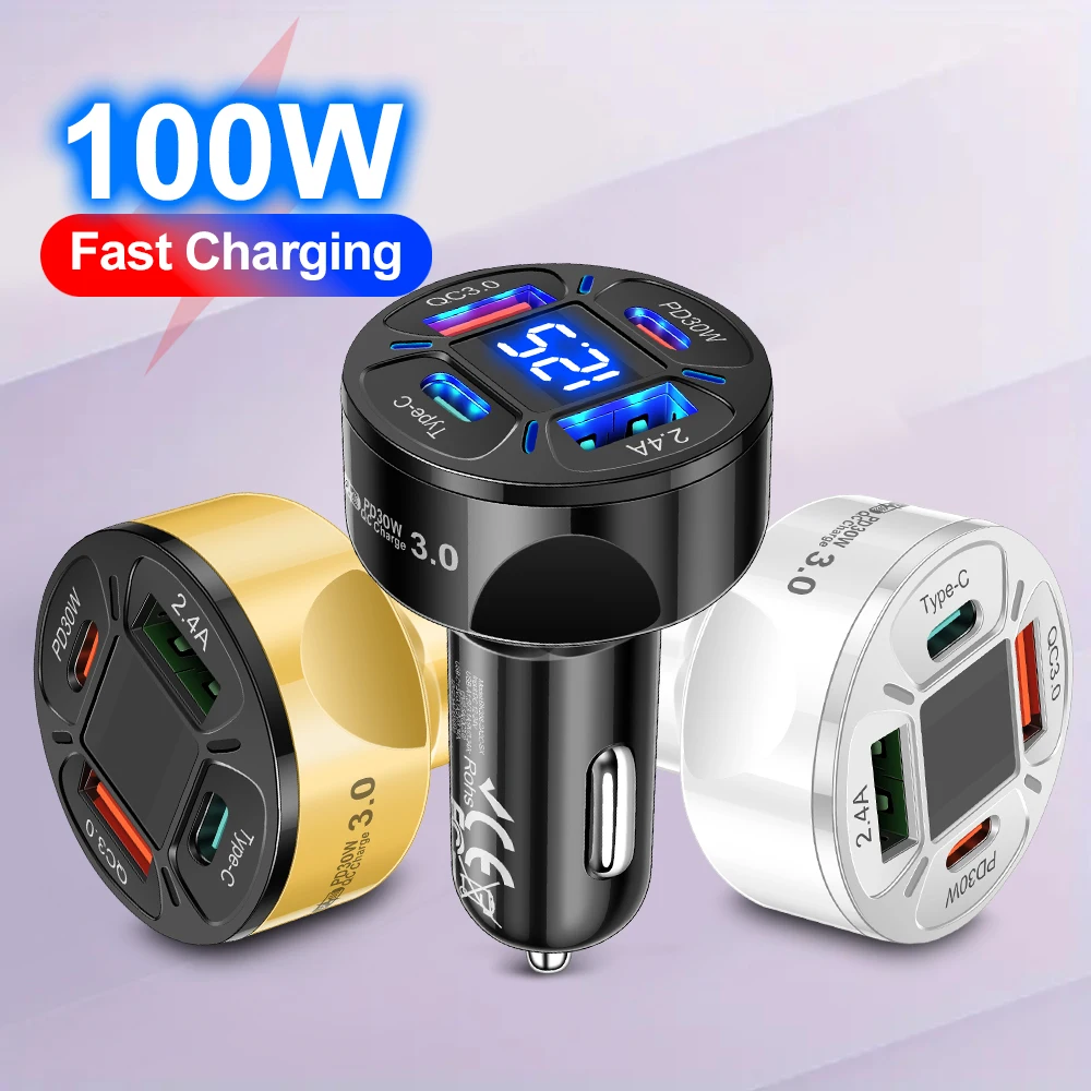 100 W USB-Autoladegerät, 4 Anschlüsse, Schnellladung, Typ C, Zigarettenanzünder-Adapter für iPhone 16 15 14 Xiaomi Samsung Galaxy-Telefone
