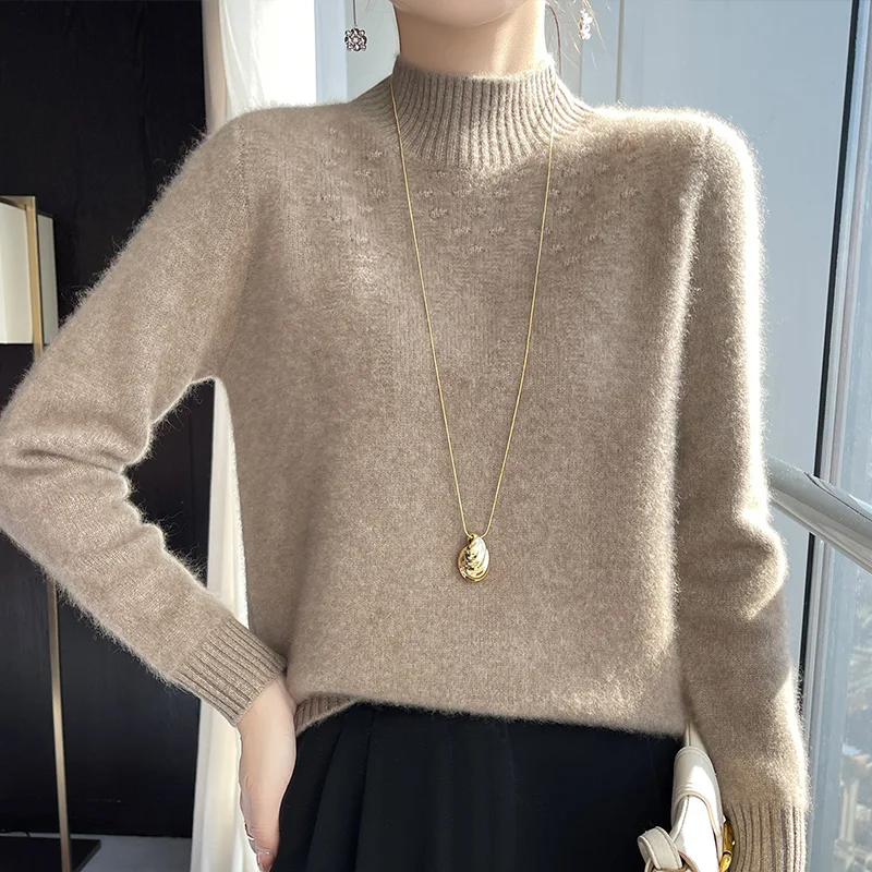 

LDZWSM Women Solid Half High Collar Cashmere Sweater Autumn Winter Loose Plus-Size Knitted Wool Casual Sweater Bottoming Shirt