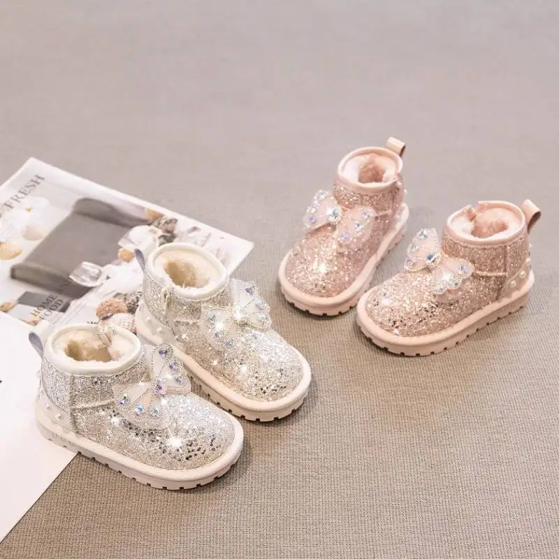 Toddler Girls Winter Snow Boots, Sparkly Sequin Rhinestone Bow Warm Furry Lined Ankle Boots, Anti Slip Kids Boots, Silver Pink