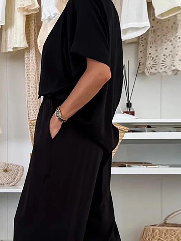

Fashion Short Sleeve Pullover&Wide Leg Pants Sets Elegant New Lady Commute Outfits Casual O-neck Solid Color Loose Two Piece Set