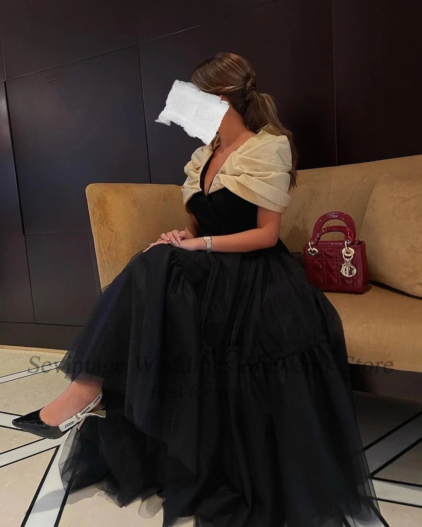 Customized Black Tulle Saudi Arabia Prom Dresses Formal Off Shoulder Women Evening Party Gowns Ankle Length Midi Celebrity Gown