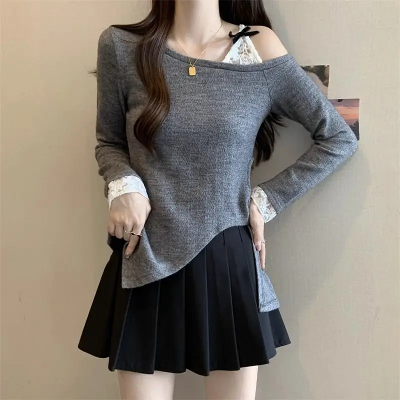 

Korean Lace Spliced Pullovers 2024 Spring Autumn Irregular Fashion Bandage Female Clothing Solid Color Slim Off Shoulder T-shirt