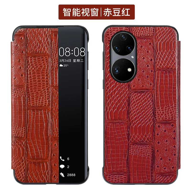 

Hot Sales Luxury Mahjong Grain Cowhide Leather Cover For Huawei P50 Pro Real Genuine Cow Skin Intelligent Sleep Window Flip Case