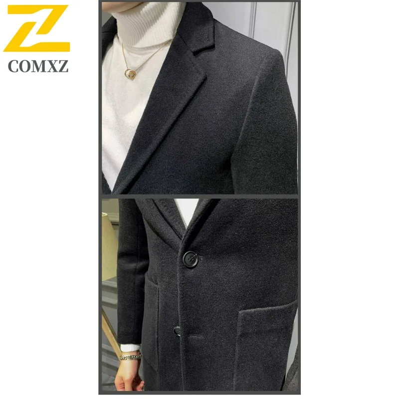 COMXZ  New Mens Trench Coat Lightw Luxurious Mid-Length Wool Blend Overcoat Korean Style Trendy Tweed Autumn Winter Outerwear
