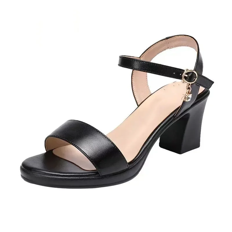 Zapatos De Mujer, sandalias clásicas cómodas De charol negro con punta abierta De alta calidad, Zapatos De tacón De trabajo a la moda para Mujer B42
