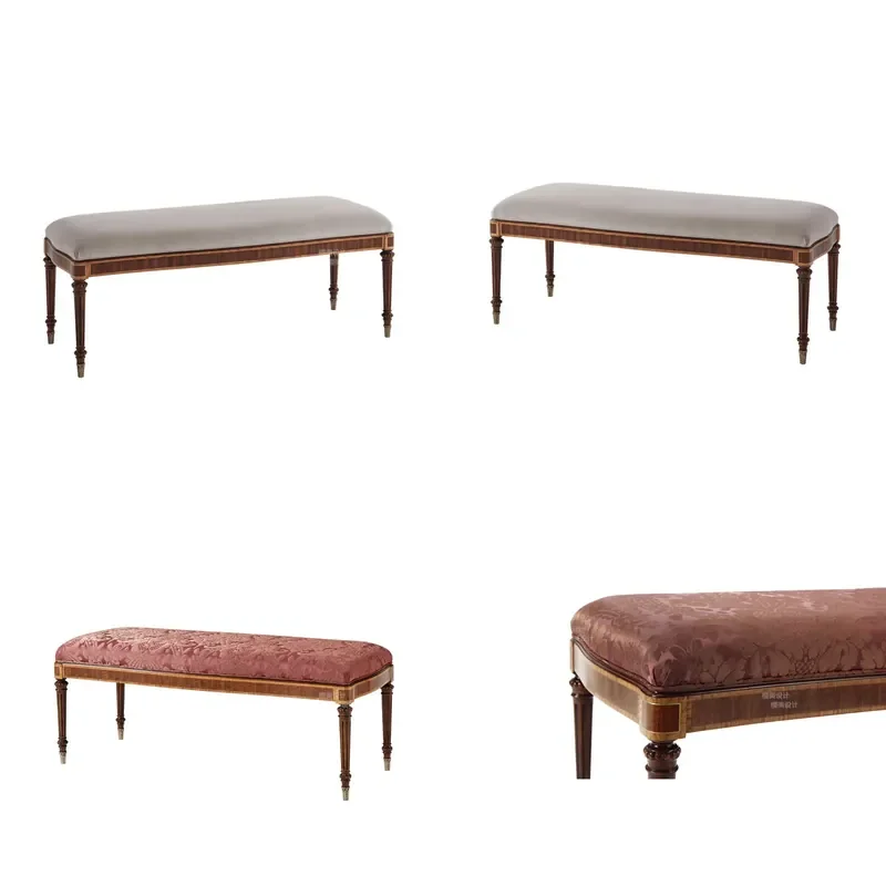 Neoclassical Solid Wood Carved Flower End Stool Shoe Bench for Bedroom Villa Entryway Furniture
