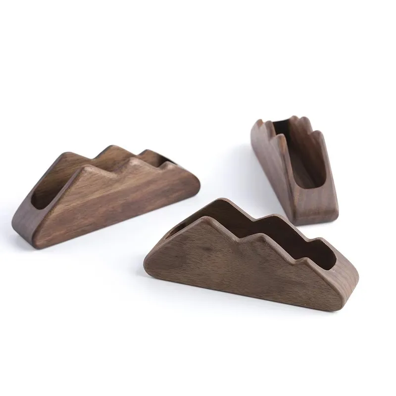 Walnut Wood Business Card Holder For Desk Mountain Shape Display Stand Vintage Office Tabletop Storage Accessories Organizer