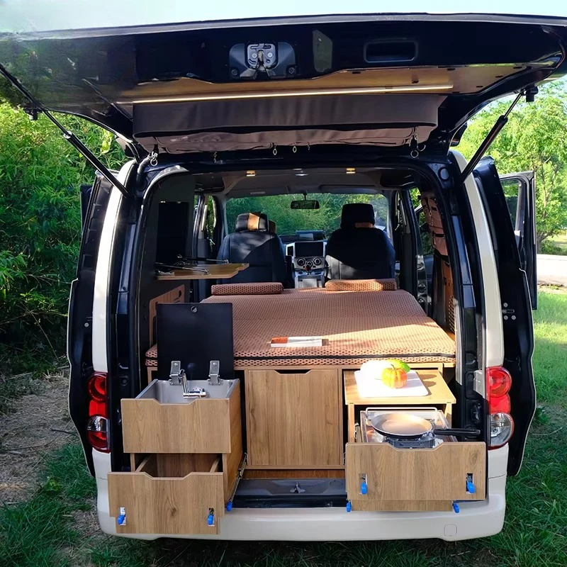 Expandable lightweight wood-paneled camper and caravan kitchen boxes for vehicle trunks