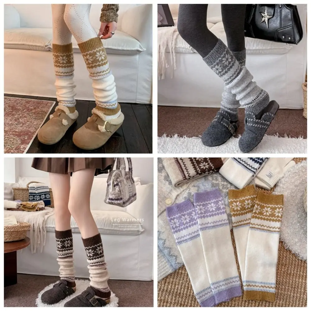 Soft Texture Fair Isle Leg Warmers Snow Pattern Thick Knit Calf Socks Casual Style Wool Blend Knitted Sleeves Outdoor Walk