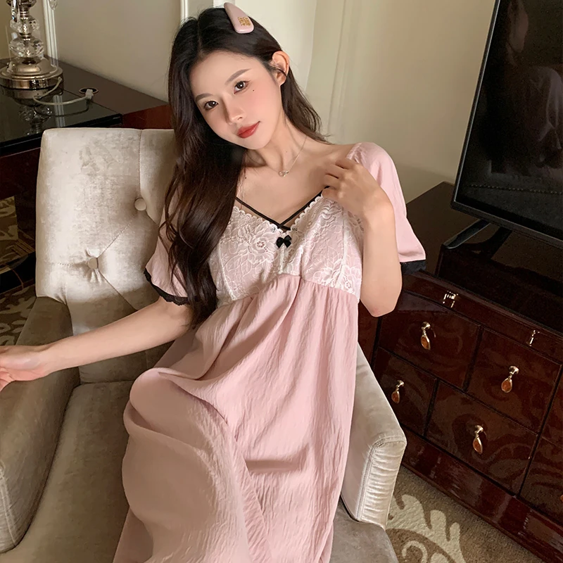 Advanced Tencel Cotton Sleepshirts 2024 Summer Sweet Short Sleeve Long Nightgown Homewear Outer Wear Women's Clothing Sexy 잠옷