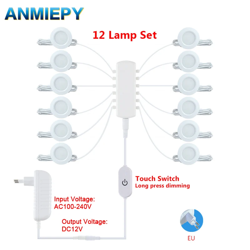 led under cabinet lamp round 12 pcs counter lights white color lighting kit touch dimmer switch for cupboard kitchen 01