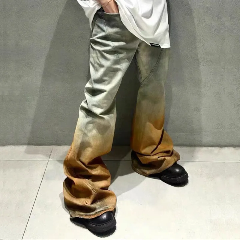 

Rick RO style - Blue-Grey-Orange gradient color contrast skinny wash casual flared slim-fitting layered slimming denim pants