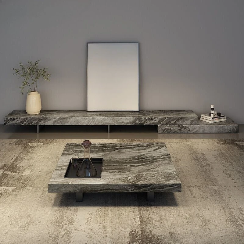 Italian Rock Slab TV Cabinet Furniture Telescopic 2025 New Coffee Table Combination Set Wholesale Telescopic TV Cabinet
