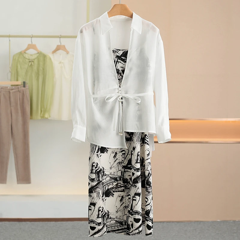 

Elegant Women's Two-Piece Set V-Neck Silk Shirt Floral Print Strap Dress Spring 2026 New Fashion Women's Clothing