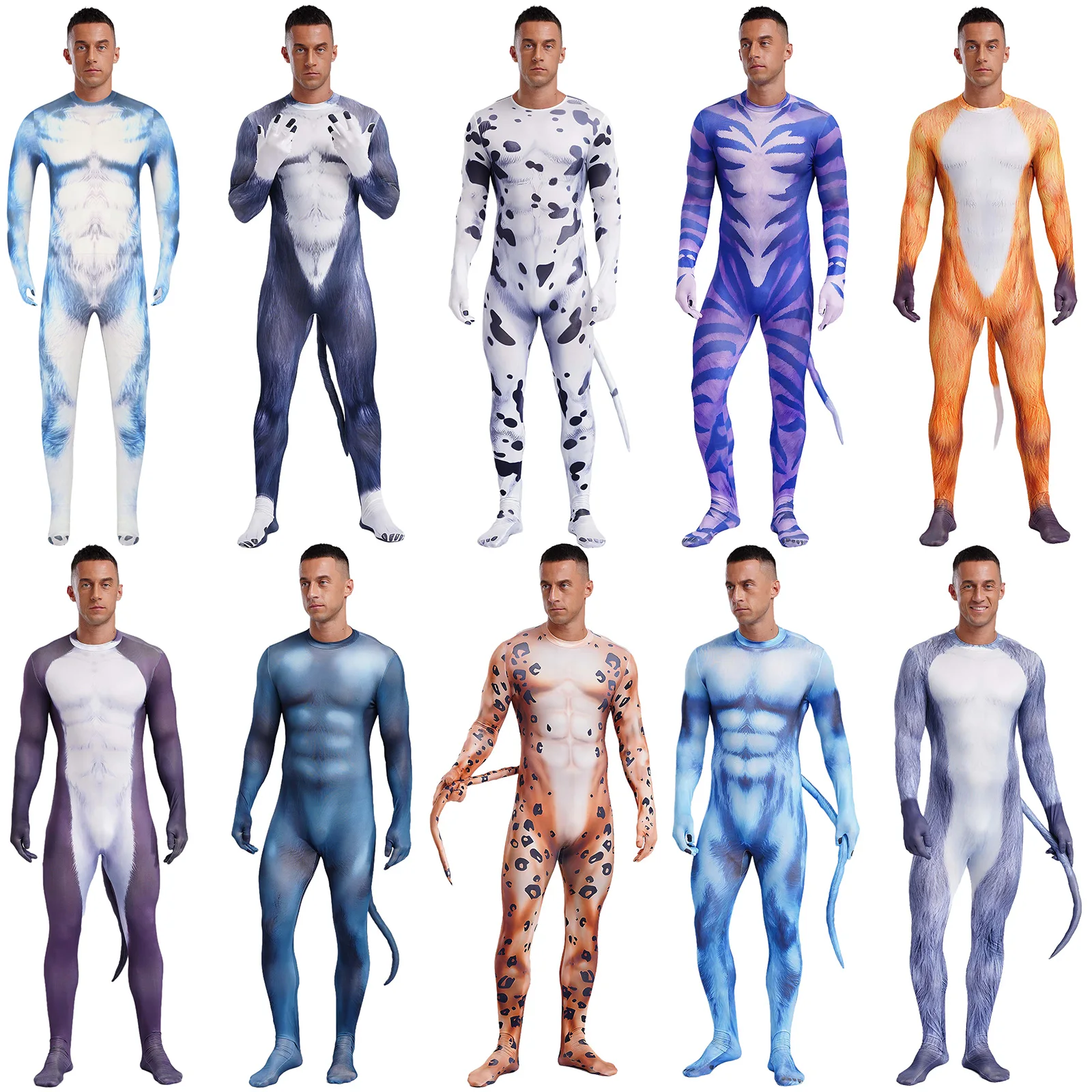 Adult Mens Wild Animal Cosplay Costume Full Cover Beast Zentai Petsuit Jumpsuit Bodysuit Tail Halloween Costume 3D Print Style