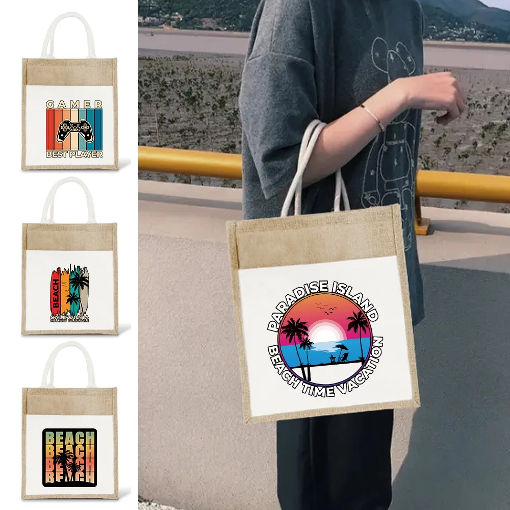 Sac de courses réutilisable, sac fourre-tout vintage, sacs d'épicerie grande capacité, sacs à main légers à motifs de vacances, organisateurs de plage