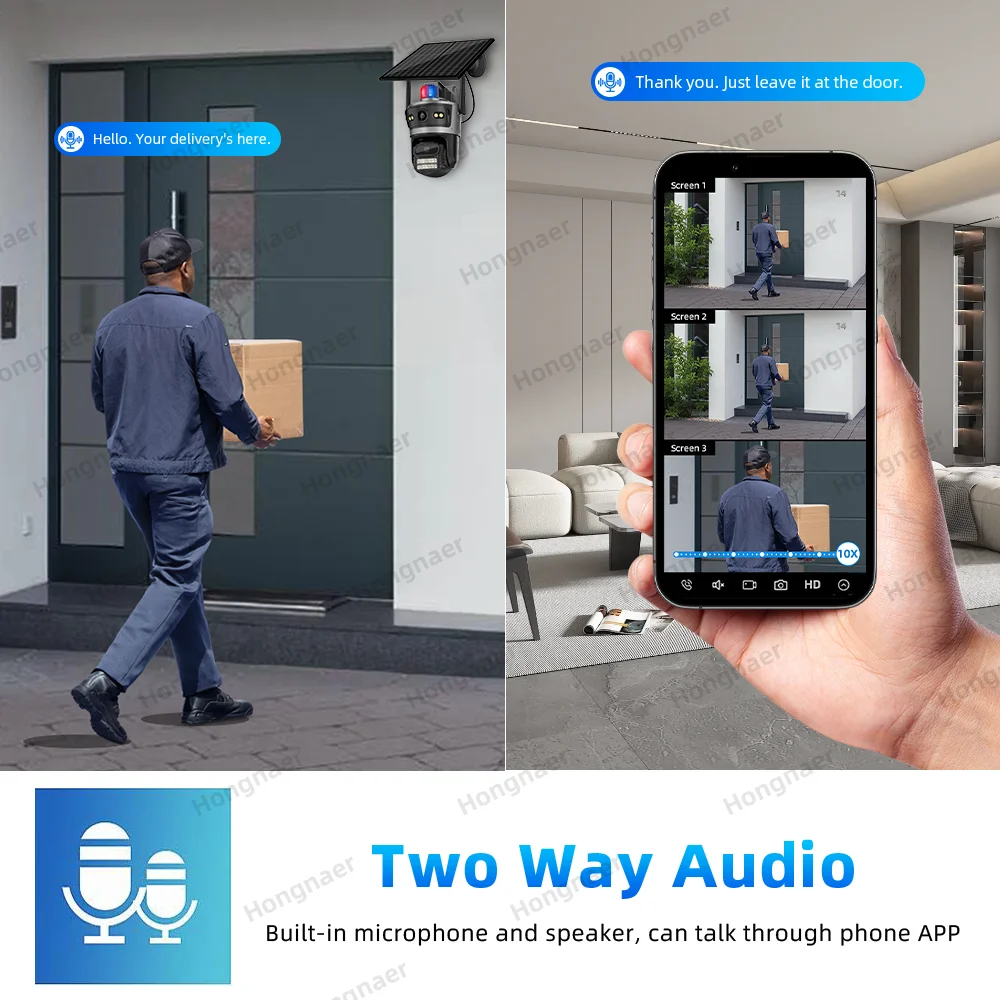 Hongnaer 8MP 4K عدسة مزدوجة AOV 24/7 تسجيل واي فاي لاسلكي يعمل بالطاقة الشمسية ICSee الأمن في الهواء الطلق 4G بطاقة Sim CCTV كاميرا تعمل بالطاقة الشمسية