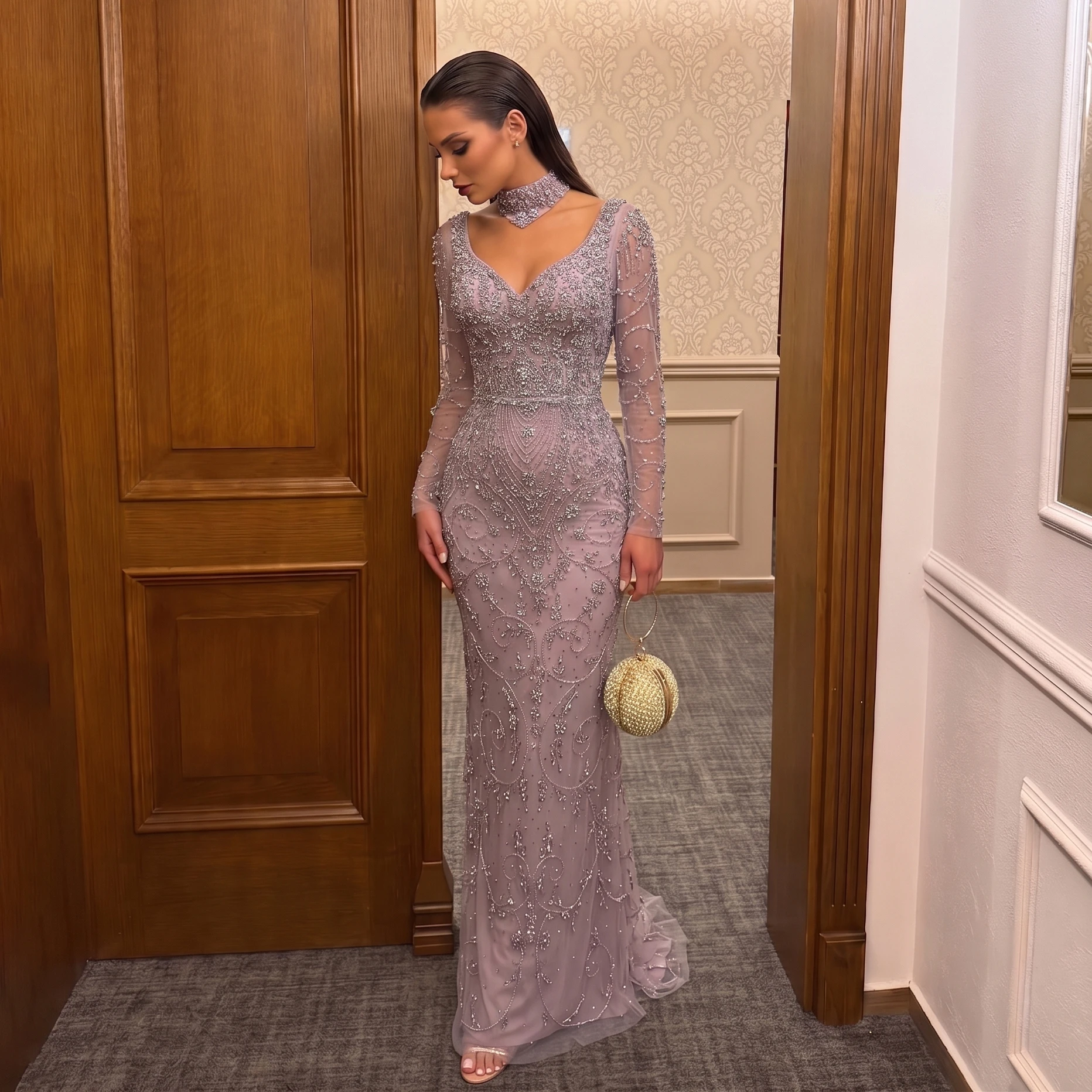 Sharon Said Mermaid Evening Dress Champagne Pink Crystal Beaded