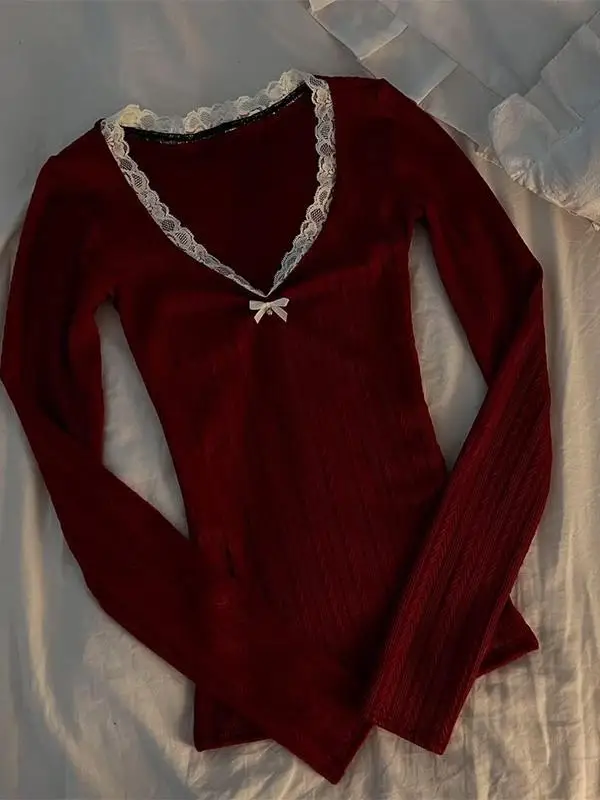 

Red V-ne Knitted Sweater Women's Slim Fit Lace Design Retro Sle Cotton Long Sve Commute Faion Single Piece