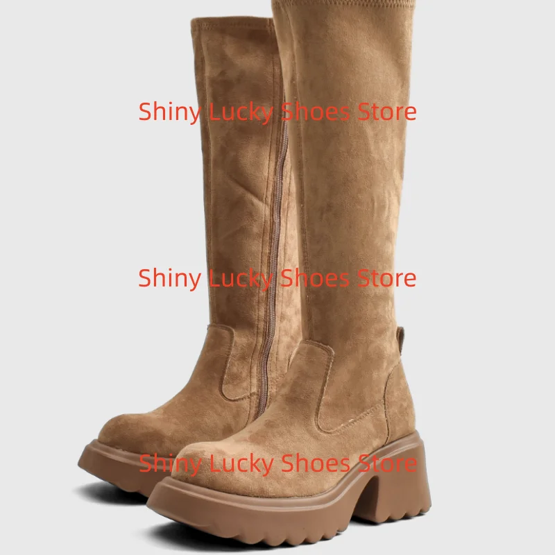 Женская обувь на платформе с круглым носком, однотонные женские сапоги до середины икры на массивном высоком каблуке с боковой молнией и строчкой, Zapatos Mujer, бархатные Женская обувь на платформе с круглым носком, однотонные женские сапоги до середины икры на массивном высоком каблуке с боковой молнией и строчкой, Zapatos Mujer, бархатные