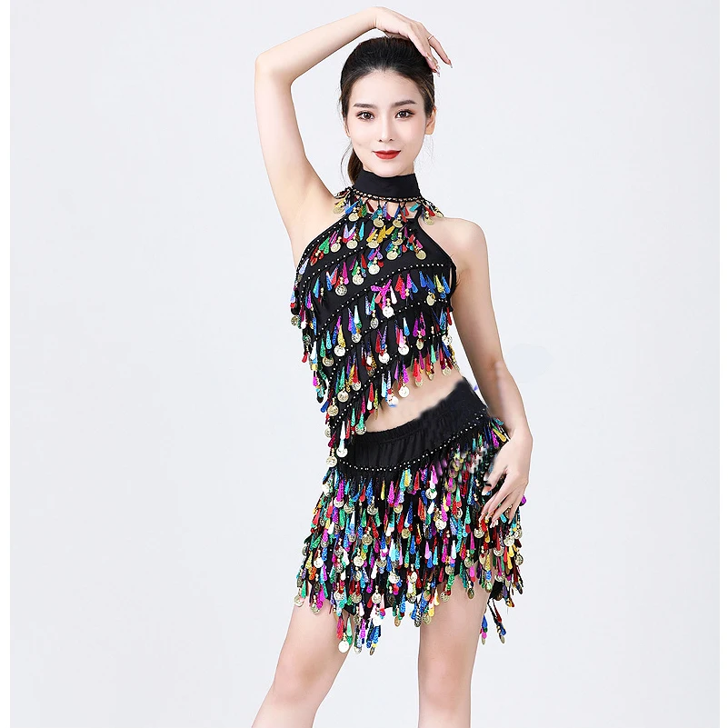 Women Sexy Sequins Fringe Dress Skirt Ladies Party Ballroom Latin Tango Modern Samba Salsa Dancing Skirt Adult Belly Dance Skirt