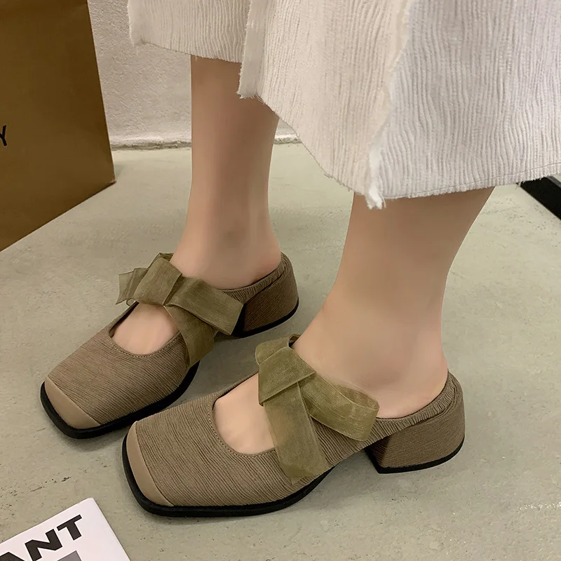 Scarpe punta quadrata mocassini con tacco libero pantofole basse da donna sandali con tacco Beige copertura con nodo a farfalla cinturino in tessuto nero PU Sl