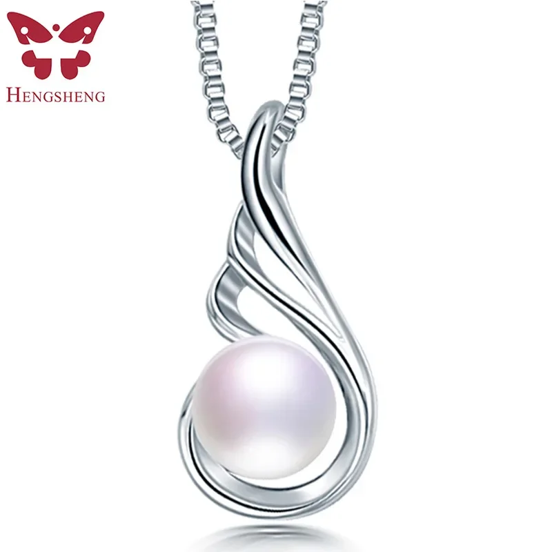 

HENGSHENG Freshwater Pearl Elegant Women Pendant 925 Sterling Silver Fine Jewelry Concise Design Wing Pendant Necklace