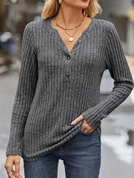 Ribbed Button Front V Neck T-Shirt, Casual Long Sleeve Top For Spring & Fall, Women's Clothing