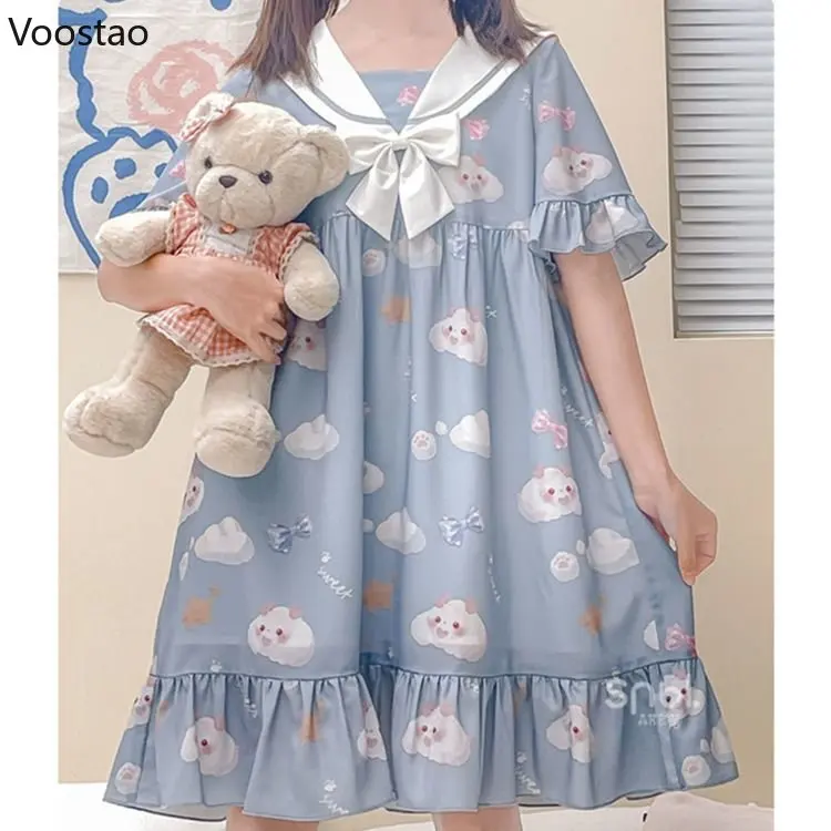 Japanese Kawaii Lolita Princess Dress Girls Cute Bow Sailor Collar Nightgown Cartoon Print Pajamas Summer Preppy Loose Homewear