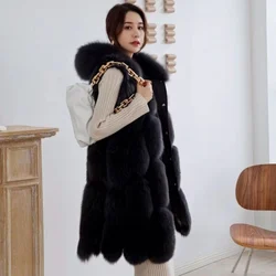 Jaxmonoy Natural Fox Fur Vest Hood Women Genuine Fox Fur Sleeveless Hooded Jacket Full Pelt Lady Real Fox Fur Gilet with Hood