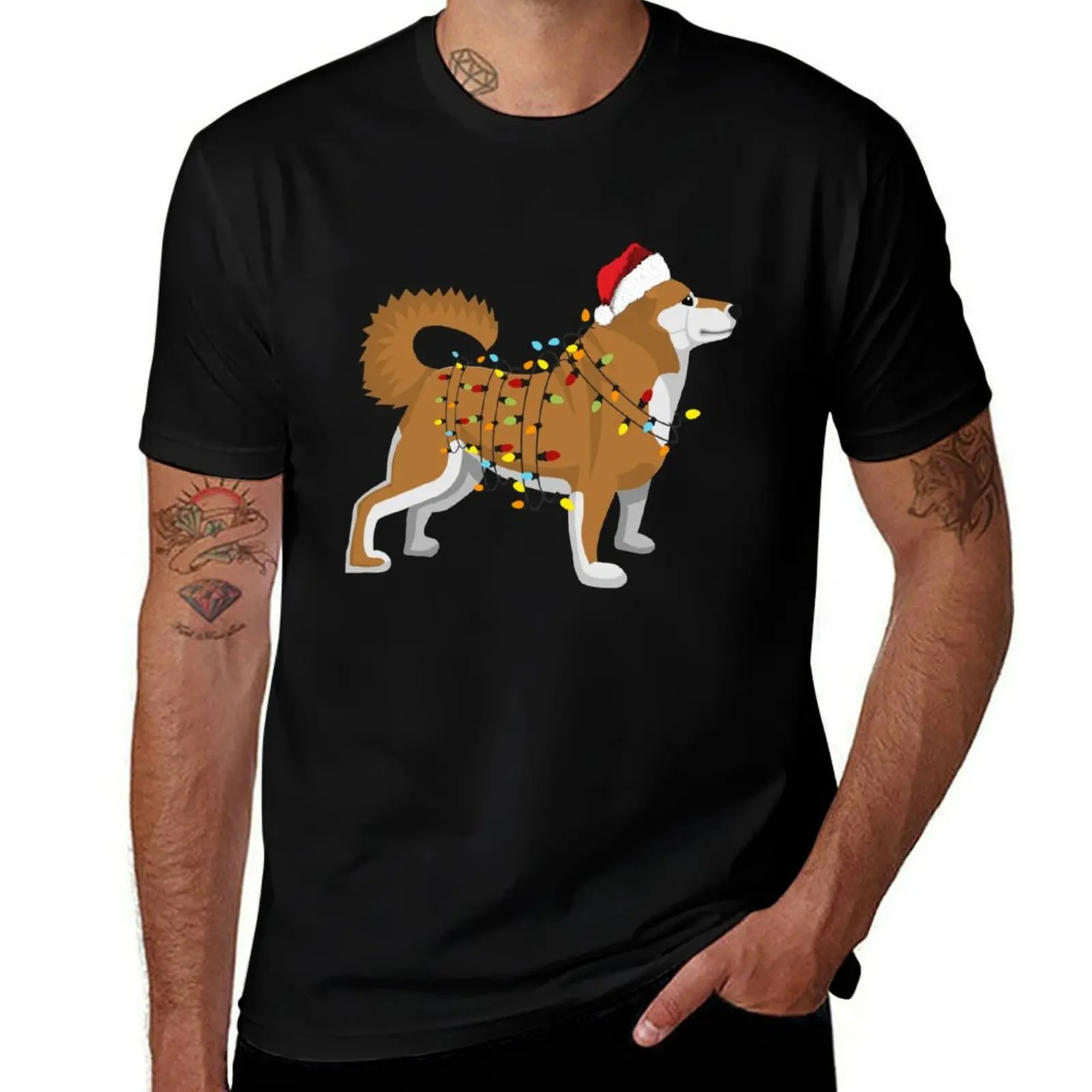 

Сиба-ину, праздничная рождественская футболка с рождественским светом, мужская роскошная футболка, мужская повседневная мужская футболка, летняя футболка
