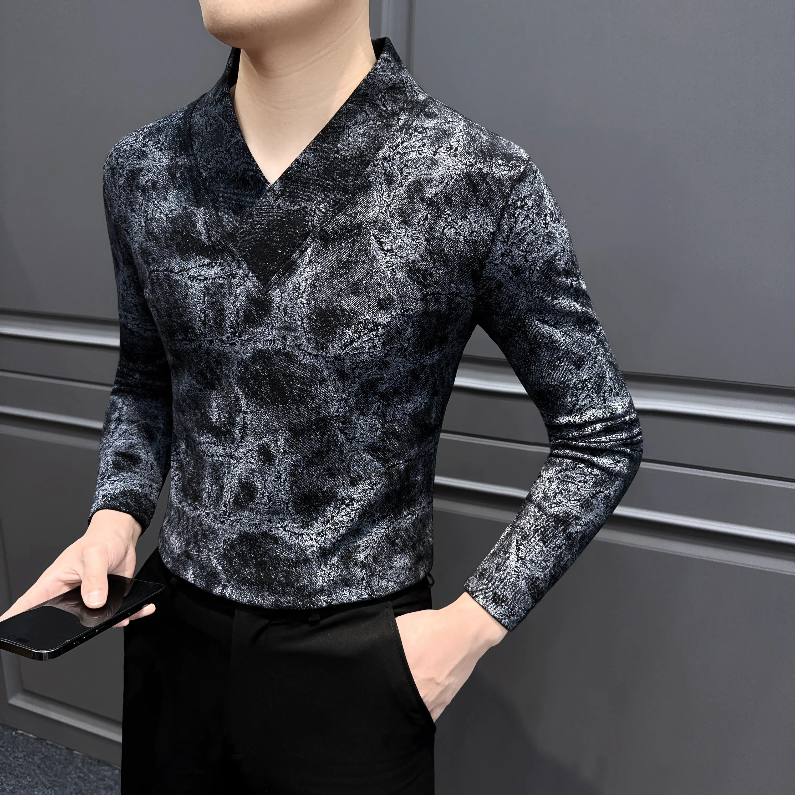 Autumn Winter Tie Dye V-neck T-shirt for Men Long Sleeve Thick and Warm Bottom Shirt Casual Business Versatile Pullover Tee Tops