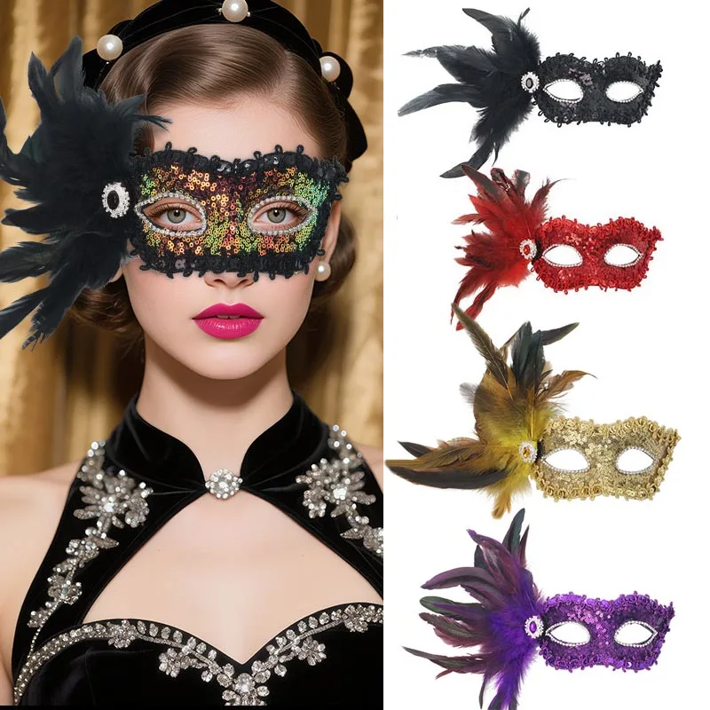 

Feathers Sequins Half-Face Mask Masquerade Removable Feather Decor Venetian Mask Halloween Cosplay Party Costume Accessory