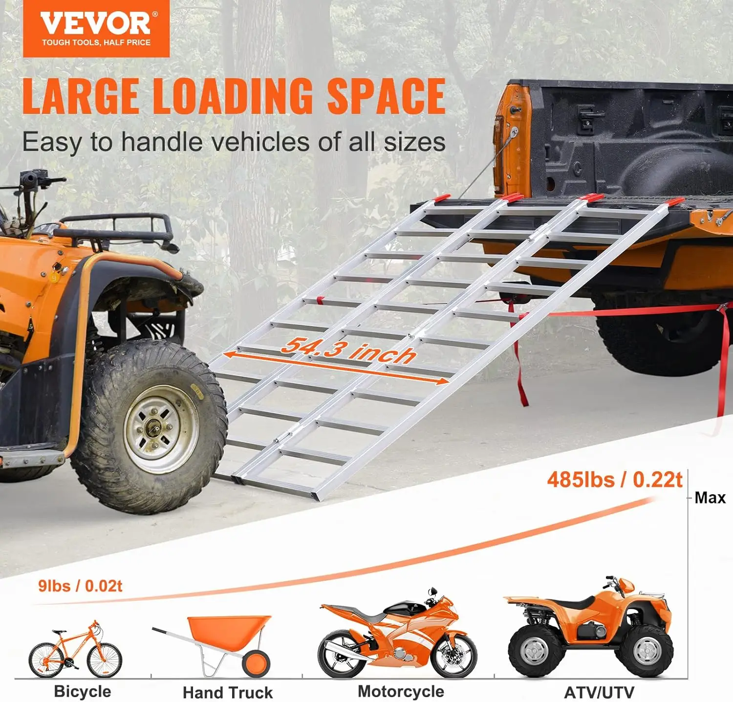 

VEVOR Aluminum Ramps, 1500 lbs, Tri-Fold Ramp with Load Straps, Folding Loading Ramp for Motorcycle, Tractor, ATV/UTV, Trucks