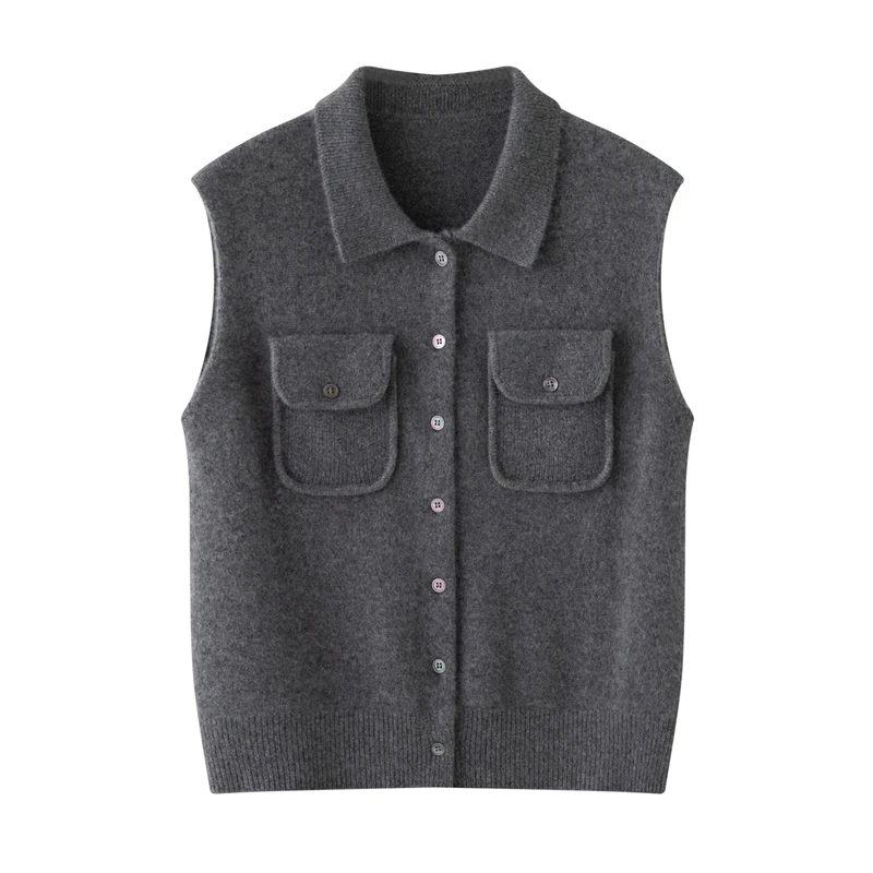 Women's 100% Cashmere Sweater Polo Collar Waistcoat Autumn Winter Vest Cashmere Knitwear Pockets Luxury Sleeveless Clothing Tops