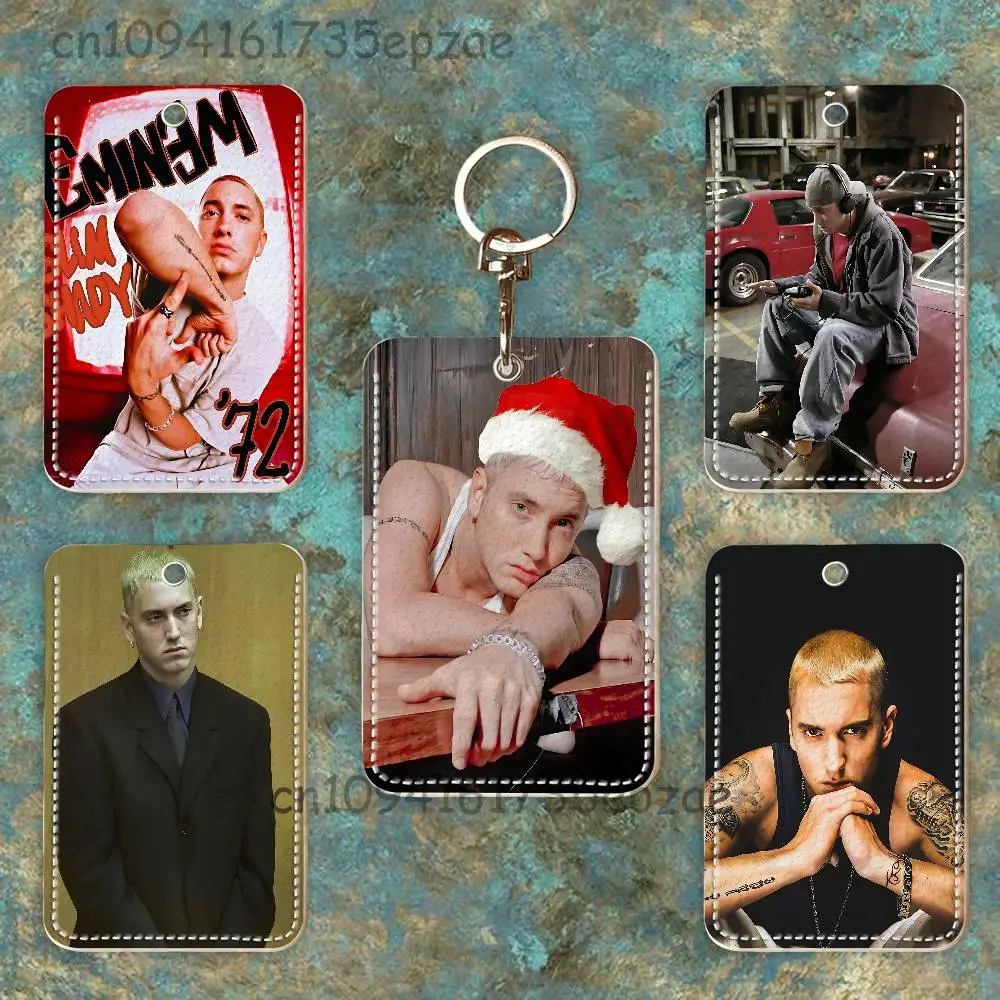 

E-Eminem Rectangle Card Case Keychain Access Card Bag Key Tag Ring Leather Card Holder Key Ring Access