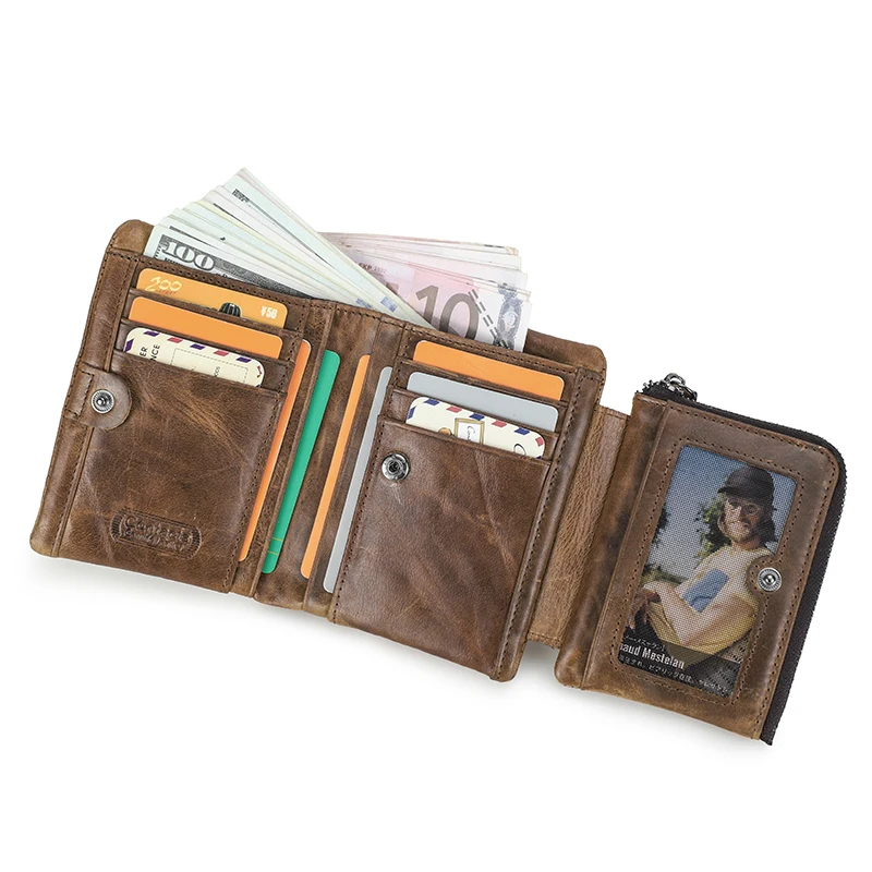 Genuine Leather Men Wallet with Coin Pocket Vintage Hasp Mens Wallets with Card Holder Luxury Brand Short Zip Coin Purse for Men