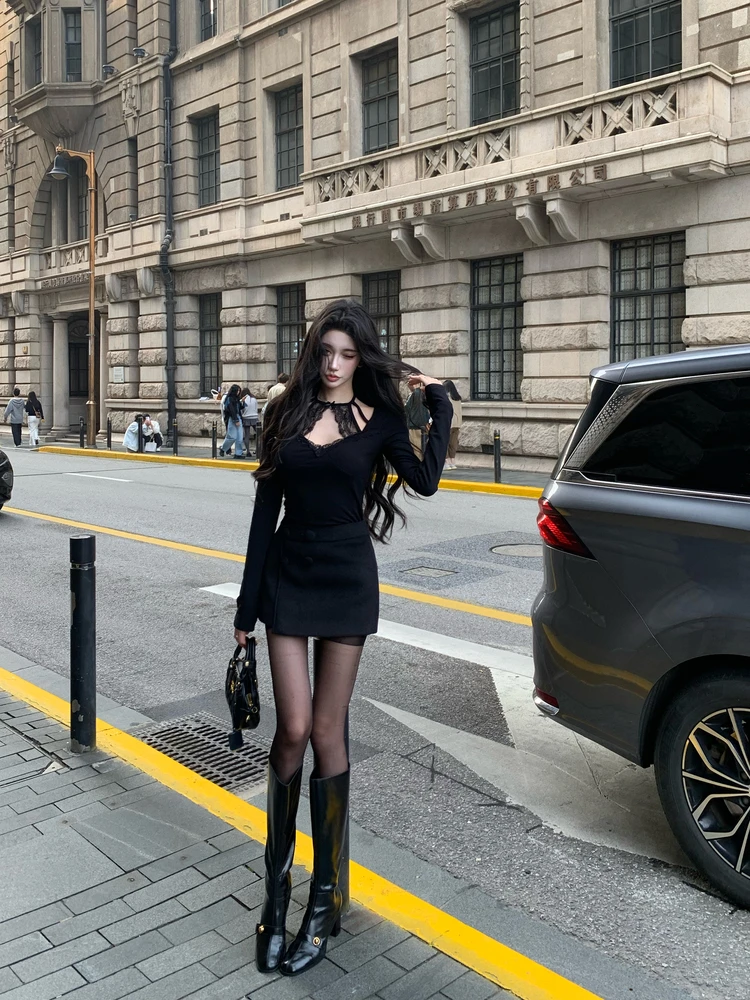 

Barb Chill Bla Long Sve Knitted Top V-Ne Women's Winter Vintage A-Line Woolen Skirt Faionable Retro Sle