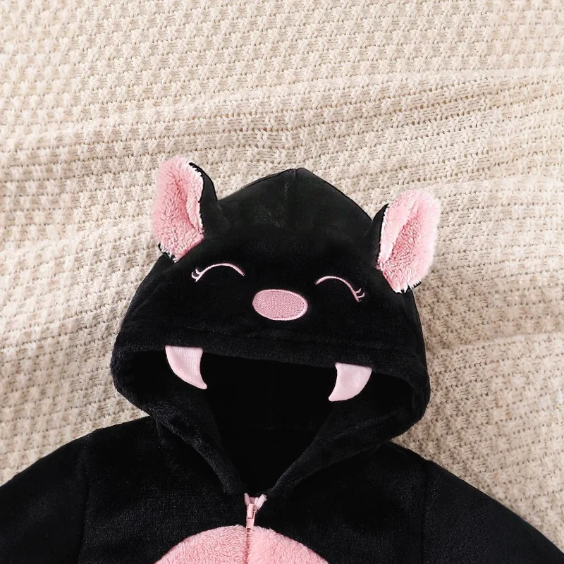 Newborn Infant Baby Black Bat Hooded Romper with Pink Belly Ears Teeth Wings Plush Warm Winter Halloween Cosplay Playsuit 0 24 M